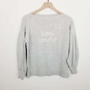 LOFT grey con amor embroidered boat neck sweater